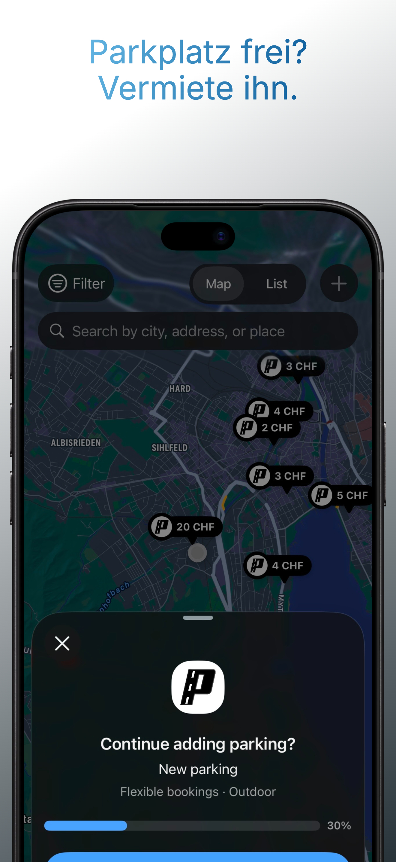 ParkShark-App beim Erstellen eines Parkplatzangebots.